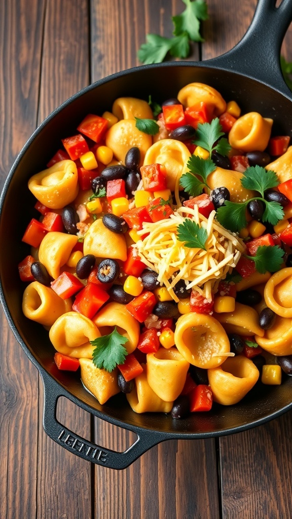 A colorful southwest tortellini skillet with cheese tortellini, bell peppers, corn, and black beans, garnished with cilantro.